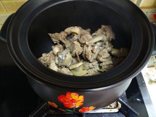 酸萝卜老鸭汤煲,把鸭子放进砂锅里。大块一点的可以放在砂锅的底部。