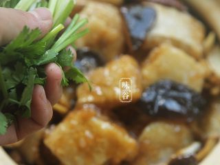 豆腐鱼腩煲,最后洒上香菜和葱段即可。