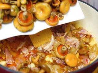 家常的鲜香味道—鲜香松菌汤,加入处理好的松菌翻炒均匀