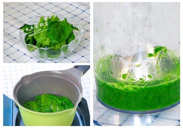菠菜蛋黄十倍粥,菠菜取菠菜叶，焯水30秒，加点水打成菠菜泥。