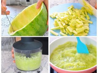 西瓜皮酱, 西瓜去红肉，绿皮，切成小块。入搅拌机打成西瓜皮泥，倒入锅中准备熬。