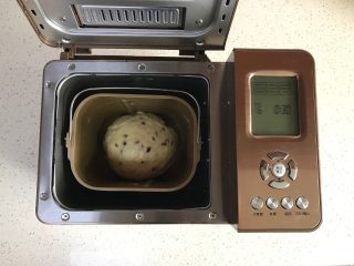 面包机版红枣果仁面包,和面结束，将面团收圆，放入面包机内进行一发，设置30分钟。