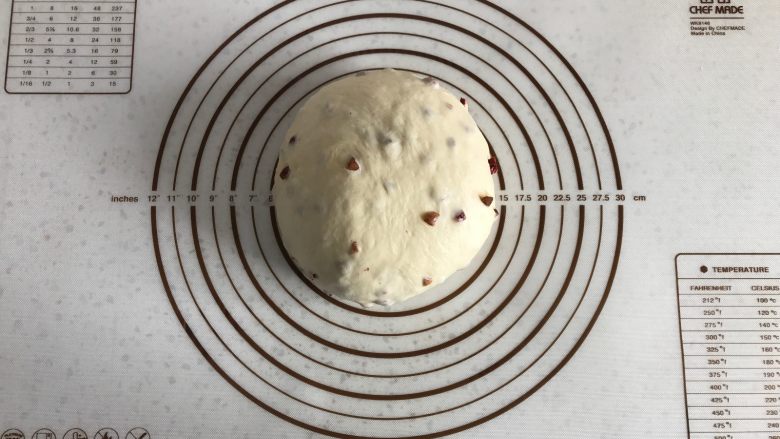 面包机版红枣果仁面包,取出面团，排气后整圆，盖上保鲜膜松弛10分钟。