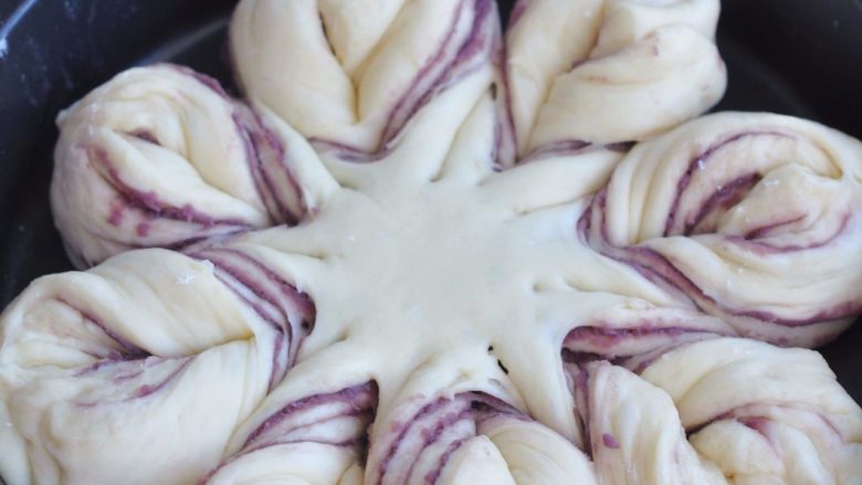 花朵紫薯面包,将相邻的两个面条朝相对的方向扭两圈，再将扭好的花朵尖处捏合紧。烤箱里放一碗开水，将面团放进去发酵40分钟。