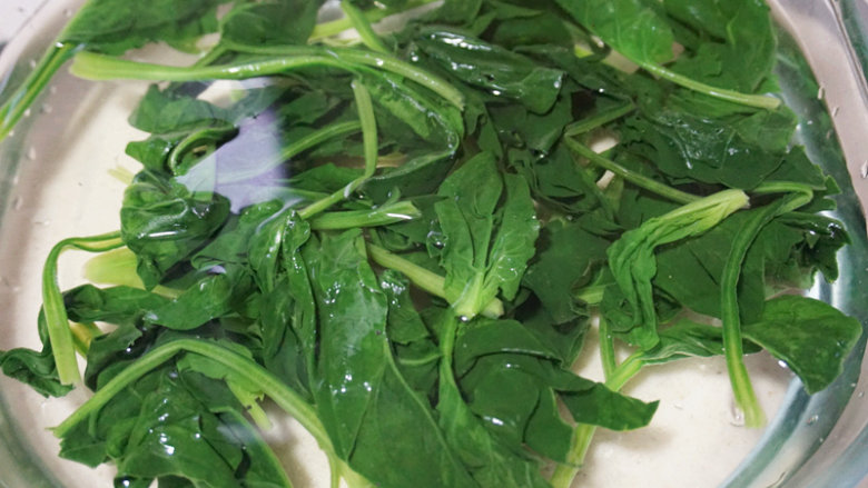 翡翠虾仁,将焯好水的菠菜快速放入冰水中浸泡
叨叨叨：过水的菠菜放入冰水中可以让其颜色更加翠绿