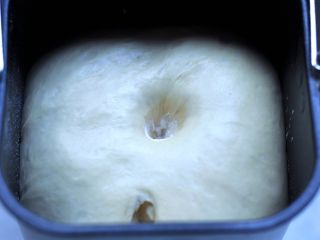 龙猫挤挤面包,发酵程序完成后，面团发酵到原来的2倍大以上，可以用手指沾高筋面粉，在面团中间戳一个洞，洞不回缩，证明面团已发酵好。