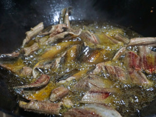 烧椒鳝鱼,再将处理干净的鳝鱼段放入油锅中滑油，然后捞出沥干油

叨叨叨：鳝鱼段和辣椒段分开滑油，因为含有水分不同，滑油的时间也不同，所以需要分开处理
