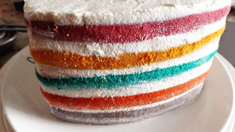 彩虹蛋糕,最后把最上面的蛋糕片抹上淡奶油，周围用刮刀把淡奶油刮掉，露出蛋糕体，上面撒上<a style='color:red;display:inline-block;' href='/shicai/ 920'>可可粉</a>，装饰一下糖珠和饰品，蛋糕就做好了。