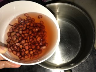 花生板栗猪骨汤,另一个锅放入1.5升水，泡红皮花生的水和花生一起放入锅里，开火