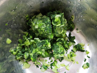 香菇青菜包子--不一样的做法,青菜切碎，然后挤干水分，越干越好，不然调好的馅会出很多水。