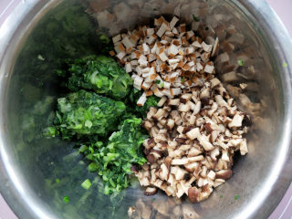 香菇青菜包子--不一样的做法,将豆腐干切丁，和香菇、青菜放在一个盆里。