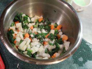 日式腌萝卜,将叶子、萝卜、胡萝卜一起放入小钵，加入1小匙盐拌匀。