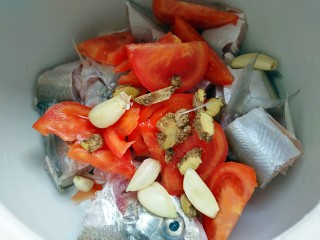 西红柿秋刀鱼汤,将生姜和蒜头都放入砂锅