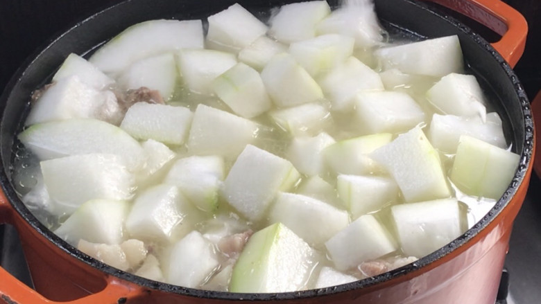 猪骨五花肉冬瓜汤,加入汤锅中，煮沸