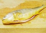 香蒜糖醋鱼,黄花鱼去内脏、鳞片，洗净控干水或用厨房纸拭干水分，鱼身两面各割三条口，用1/3茶匙的盐抹在鱼身上，抹匀后腌10分钟