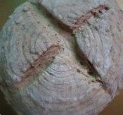 肉桂葡萄干核桃面包,将面团从藤篮中移到烤盘上面，用蘸水的刀在面团表面划出线条。放在230°C预热的烤箱中层，烘烤30分钟