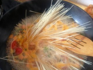 西红柿鸡蛋面,如图，煮沸之后打入一个鸡蛋，稍后放挂面适量
