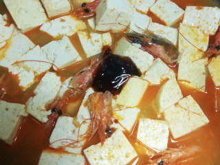 虾仁豆腐煲,这时候可以填入适量的水烧开，并加入适量的蚝油，盐调味。