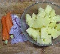 土豆奶油培根浓汤,土豆去皮切成小块、胡萝卜切成小片、洋葱切片备用