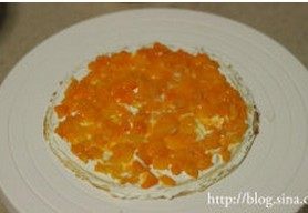 水果千层蛋糕,盖上另一片饼皮，再放少许奶油并抹开，随即放上芒果