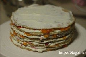 水果千层蛋糕,用奶油将蛋糕顶部及四周略抹平，表面盖上一片饼皮