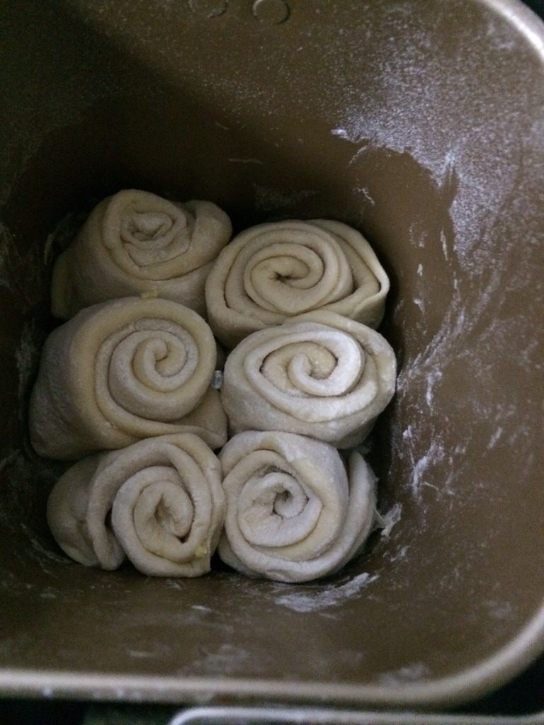 椰蓉吐司,六个卷好的面卷放回面包机中继续发酵
