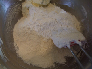 椰香曲奇饼干,加入椰子粉和低筋面粉，拌匀