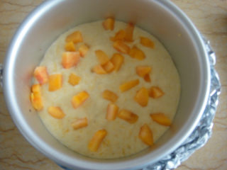 芒果酸奶慕斯蛋糕,加入一半慕斯液，加入一半黄桃丁