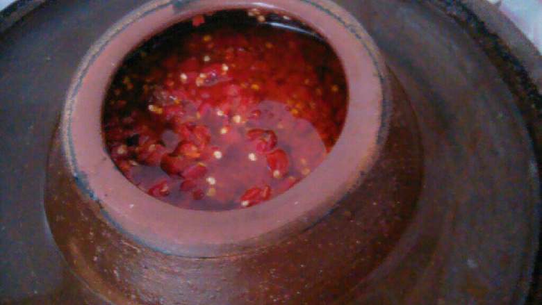 自制辣椒酱,放置半天后，装入干净的泡菜坛便于保存。至少可以保存一年以上。