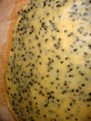 黑芝麻咸香饼干,案板上撒一薄层低粉，把松弛好的面团放在案板上擀成薄面片