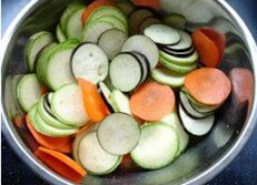 法国普罗旺斯杂烩,将茄子，西葫芦，土豆和箩卜去皮切成薄片，一起放在一个碗里，加入盐和胡椒粉，腌制30分钟，脱水。洋葱，番茄切碎