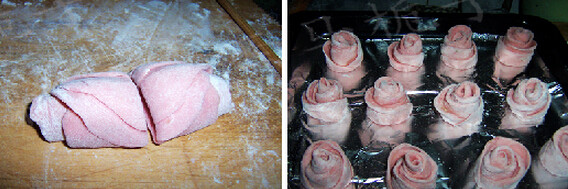 生日浪漫玫瑰,在中间筷子痕迹上切开，切口朝下码放在烤盘上，进行最后发酵