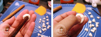 豆酱算盘面,侧面稍滚圆。用筷子戳一个坑再拔出来，形成两面凹形