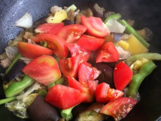 乱炖,如图，炖约十分钟后，放入西红柿，放入鸡精继续炖至汤汁浓稠即可。