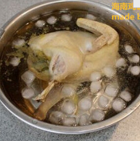 海南鸡饭,蒸好的鸡放入放了冰块的冰水里，冰镇30分钟