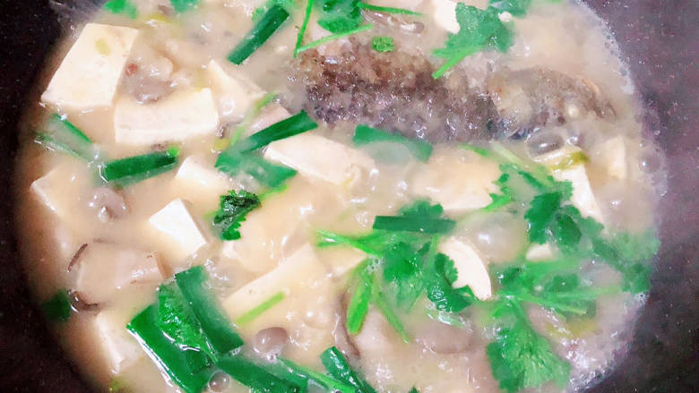 鲫鱼豆腐菇菌汤,撒上蒜苗、香菜，入味即可关火。