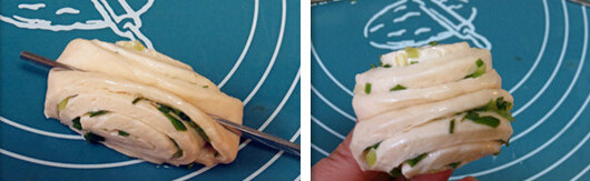 香葱花卷,取一个小面团卷，用筷子压下，上下两端折向底部