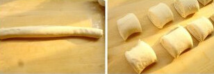 云南破酥包,面团擀成长方形，抹上油酥，卷起来，切成大小一样的剂子