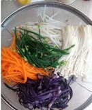 凉拌七彩丝,黄瓜、紫椰菜、胡萝卜切丝，韭菜花切成适当的段待用