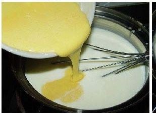 奶黄包,慢慢倒入鸡蛋面糊，拌匀再开火，边加热边搅拌