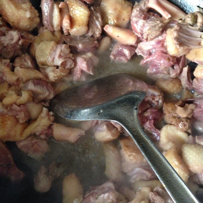 苦瓜炒鸭肉,锅里放一点油烧热放入切好的鸭肉放盐炒香