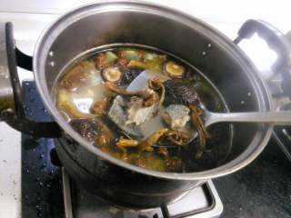 菌菇炖鸡汤,加入菌菇继续煲煮半小时以上