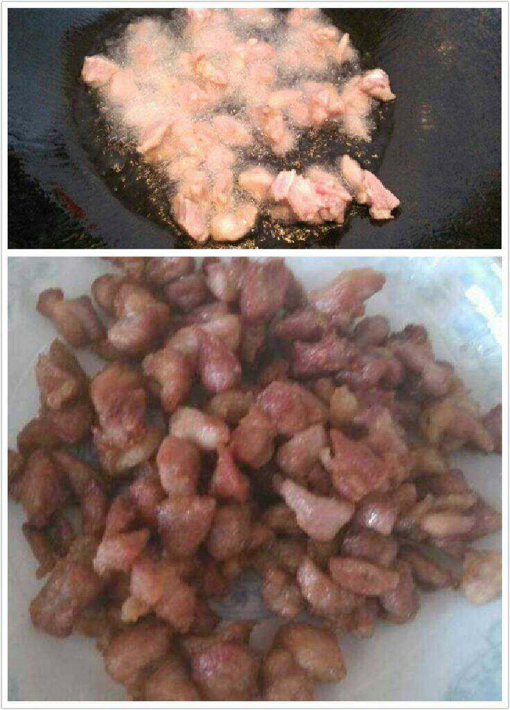 青豆彩椒炒肉丁,该倒多点油把肉炸一遍。捞起装盘