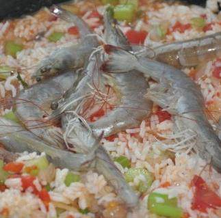 什锦海鲜焗饭,加入少许水等开后加入米饭炖煮3分钟，放入虾，盖上盖子小火焖3分钟