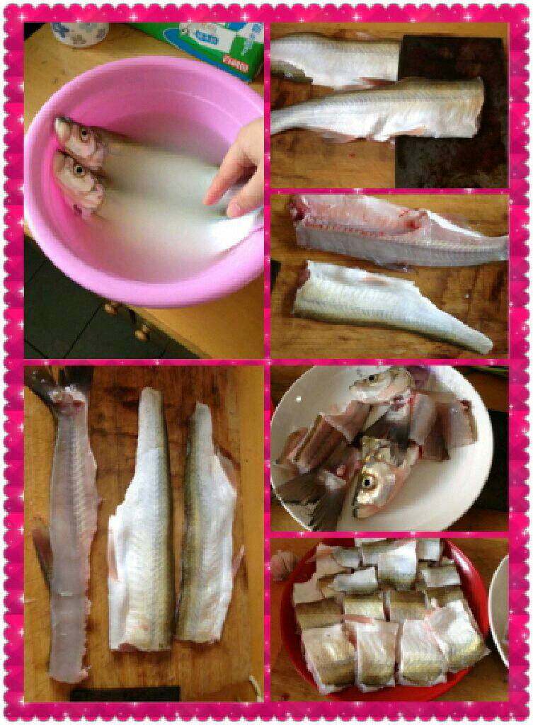 香煎嫩豆腐刁子鱼,把鱼放进淘米水里泡一下洗干净，在把鱼头剁下来，把鱼切成片。