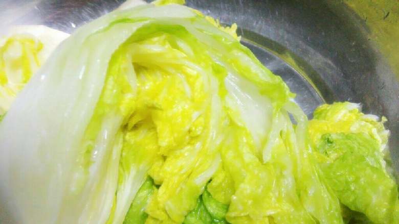 辣白菜,腌制一晚后，白菜腌出多余水。用手挤干水份备用，用干净的布将表面水份擦拭干后备用。