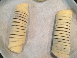 毛毛虫面包,如图2个全部做好，放入垫上油纸或锡纸的烤盘；（我另做了2个汉堡坯）