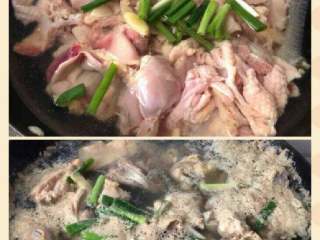 板栗香菇炖鸡,放锅里加料酒，姜，葱段煮一会去血腥水