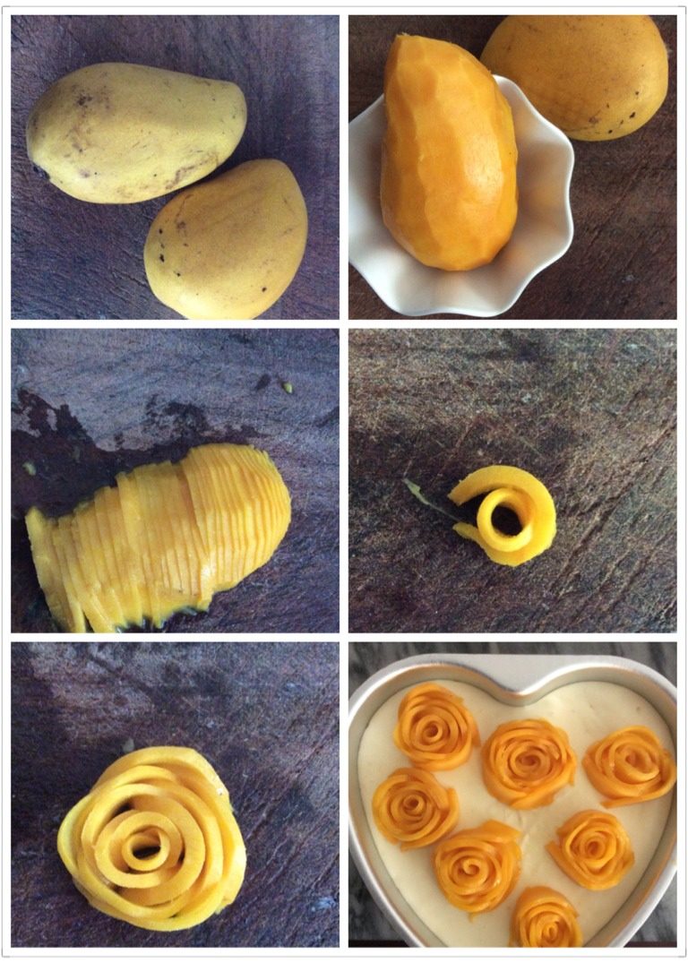 芒果芝士蛋糕（免烤）8寸,把芒果削皮对半开，切成薄片，顺时间围绕着，做成芒果花装饰