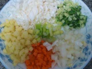 韩国料理--炸酱饭,将土豆，黄瓜，胡萝卜，洋葱切丁，白菜切丝备用。